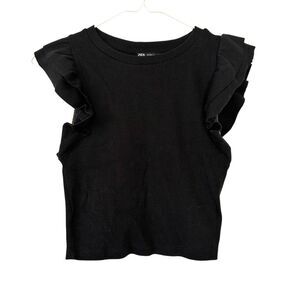 Zara Crew Neck Layered Ruffle Sleeve Ribbed Knit Crop Top Black Medium